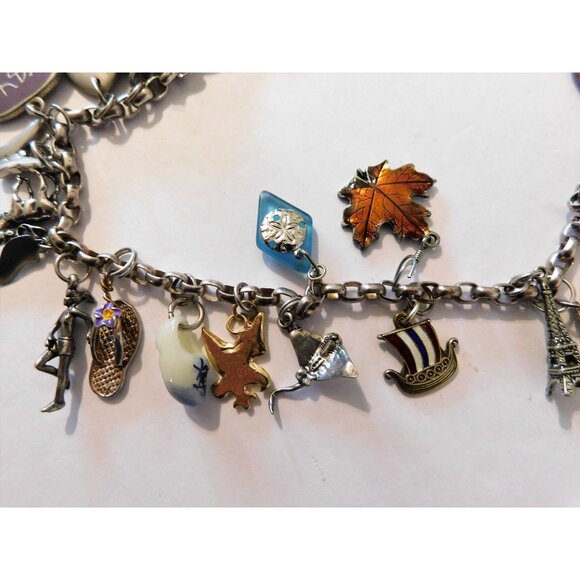 Vintage World Travel Charm Necklace 51 Unique Charms Sterling Silver Mixed Metal - Picture 6 of 15